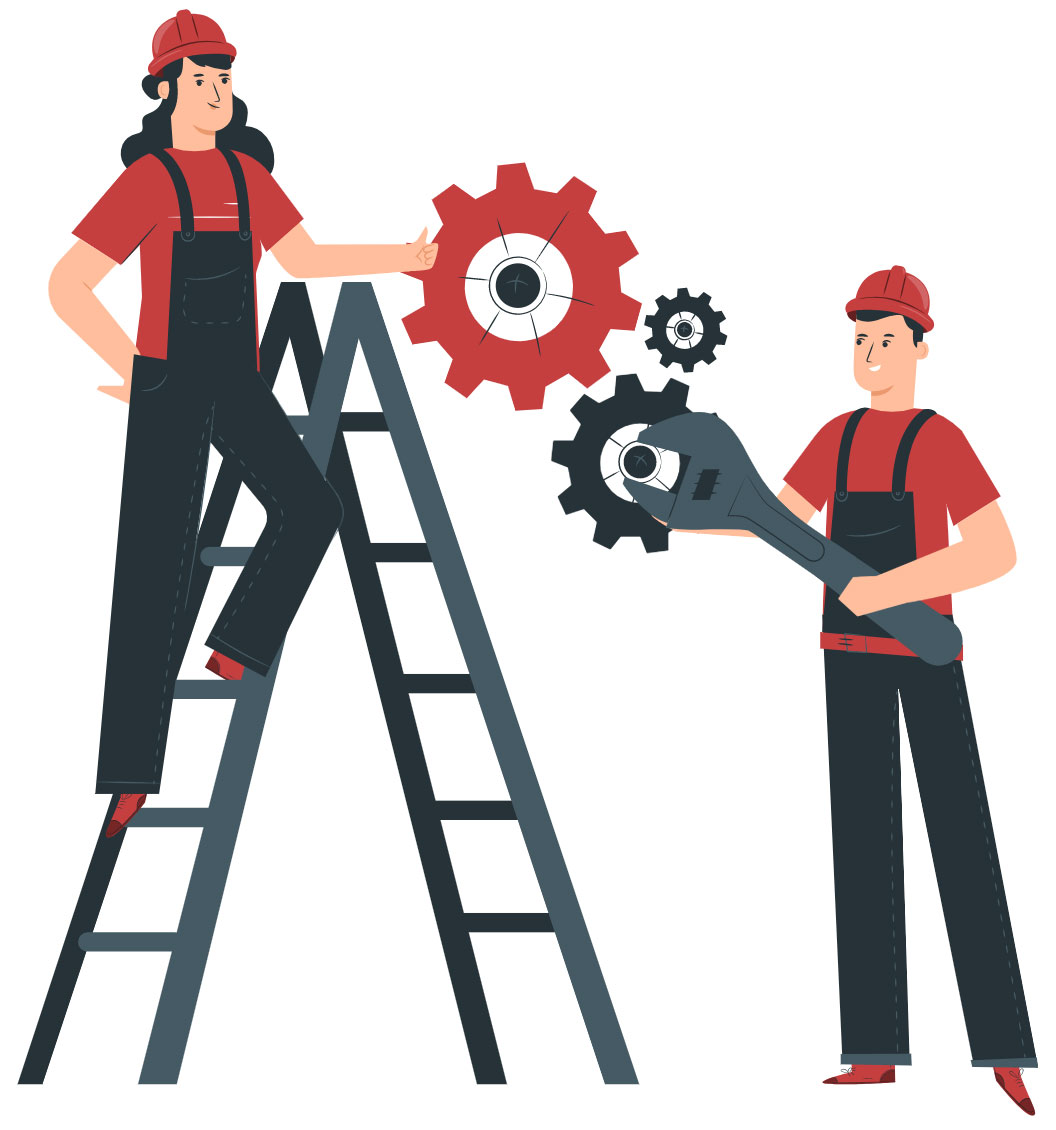 Illustration of man and women with tools and cogs